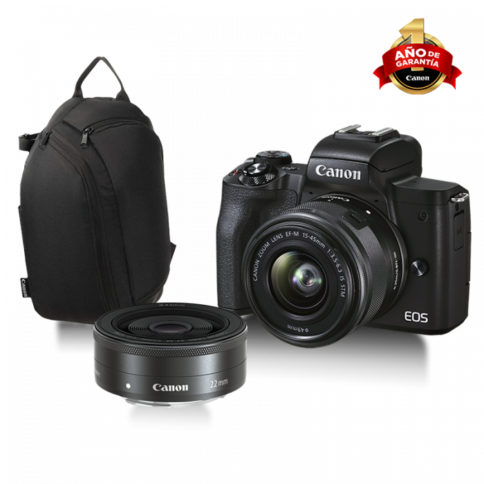 EOS M50 Mark II con lente EF M15-45 IS STM+ Lente EF M22 f/2.0 STM Macro +  Mochila Canon - PT Market